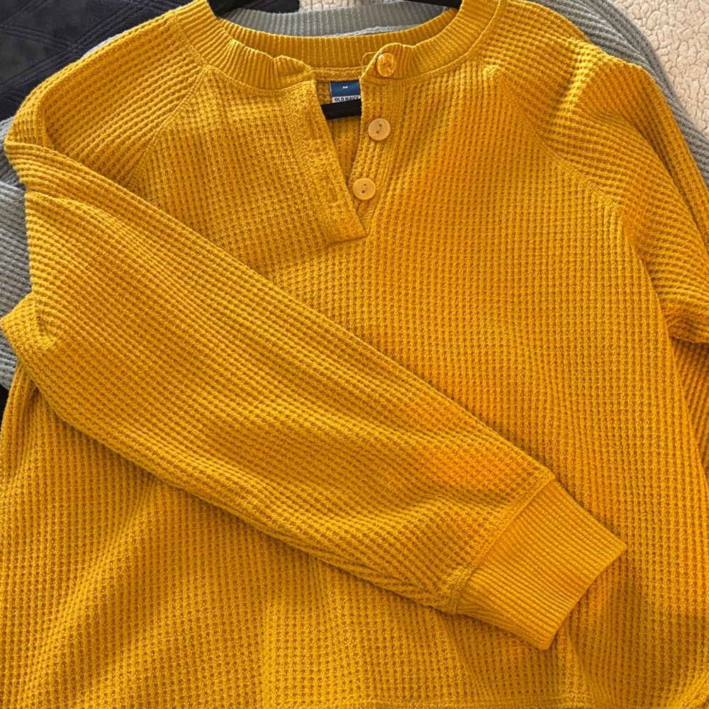 Old Navy Mustard Yellow Waffle Knit Henley Top